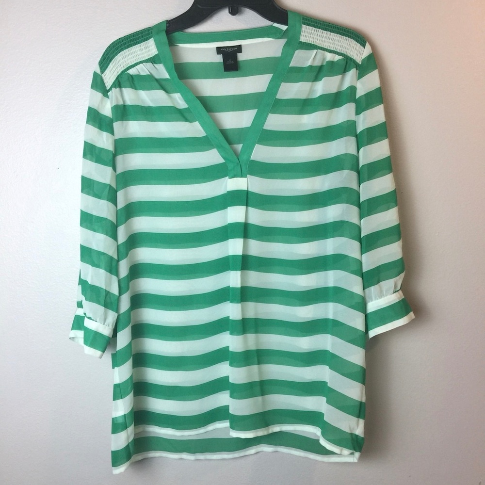 Ann Taylor Green Striped Quarter Sleeve Blouse